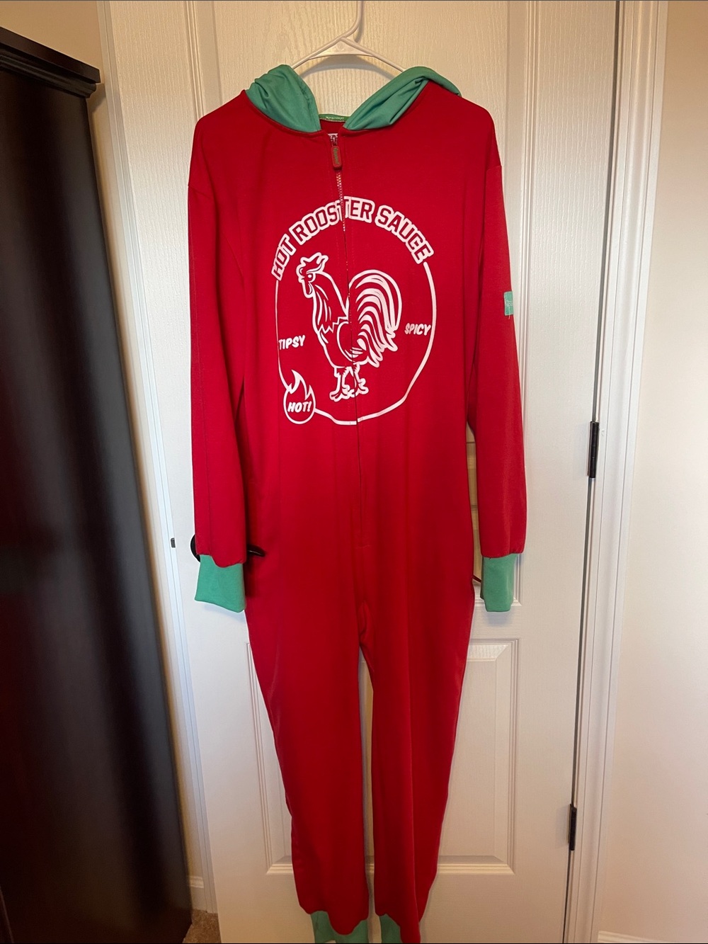 Adult Tipsy Elves hot rooster sauce One-Piece Footie with Green Hood and Cuffs